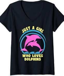 Womens Just A Girl Who Loves Dolphins - Fun Cute Dolphin Jumping V-Neck T-Shirt