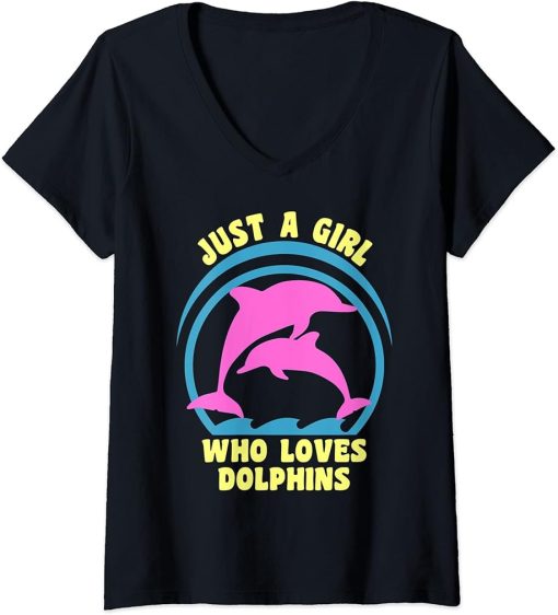 Womens Just A Girl Who Loves Dolphins - Fun Cute Dolphin Jumping V-Neck T-Shirt