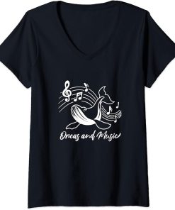 Womens Orcas and Music Notes Musician Clef Whale V-Neck T-Shirt