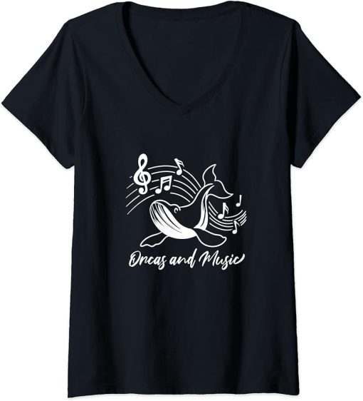 Womens Orcas and Music Notes Musician Clef Whale V-Neck T-Shirt